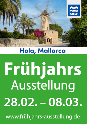Werbebild mit Hyperlink zur Frühjahrsausstellung in Kassel vom 28.2. bis 8.3. zum Thema "Hola, Mallorca"